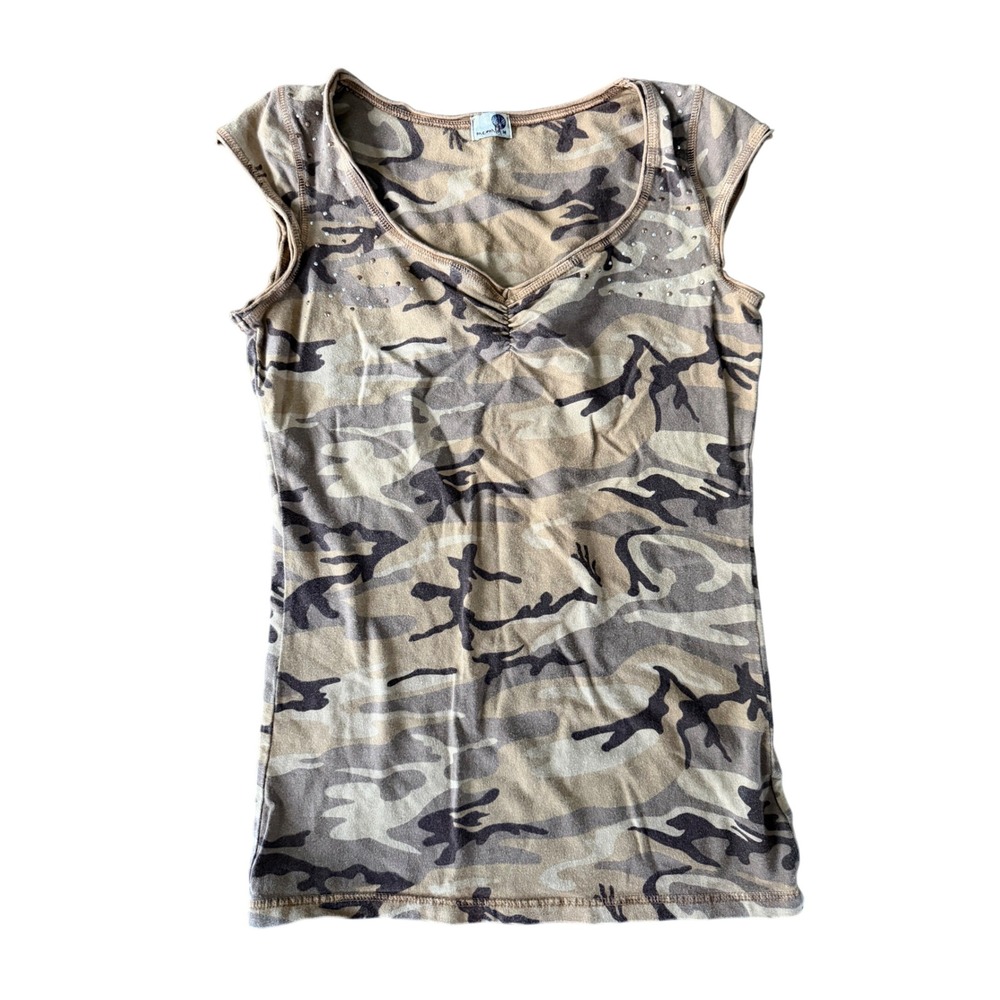 One World Women's M Brown Camo Y2K Style Embellished Cap Sleeve Top | SKU 1033